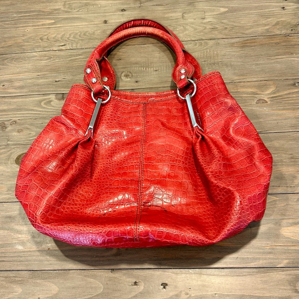 NineWest red purse, faux croc, Red, two handles with snap